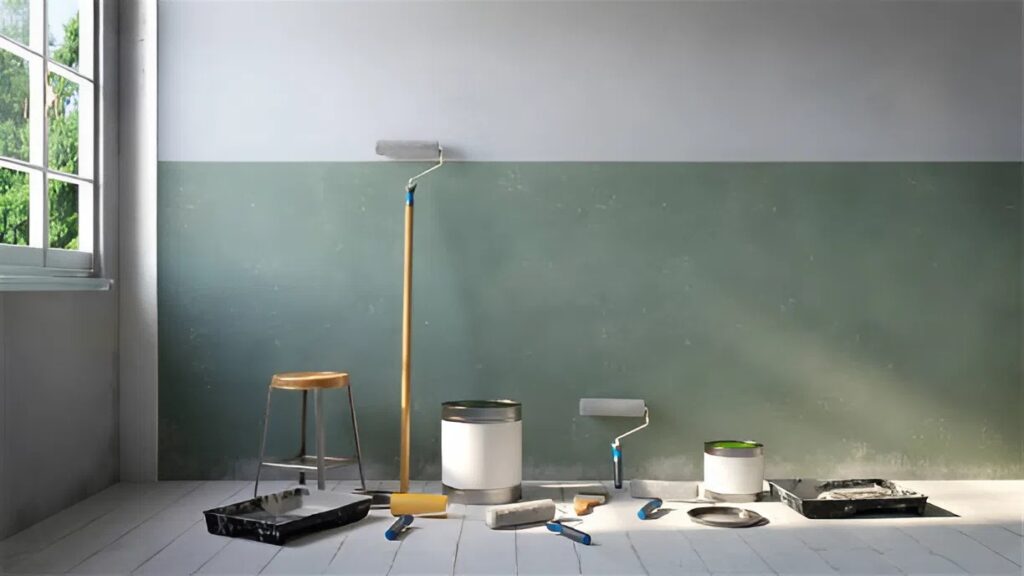 Half-painted wall in soft green tones by an interior painter in Portage, MI, to create an open and spacious feel