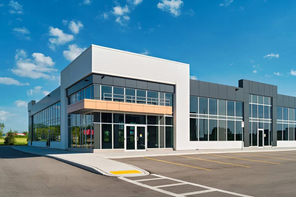 Freshly painted building with smooth white and dark gray finishes, painting company in Plainwell, MI