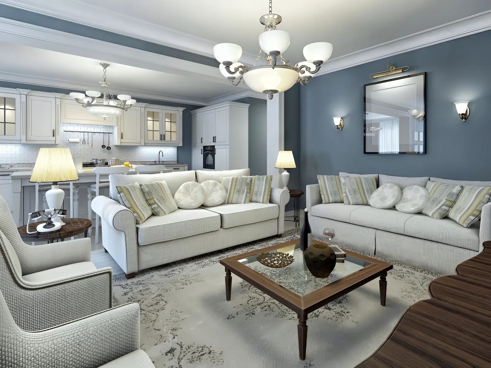 Living room with soft blue-gray wall and crisp white trim by an interior painter in Decatur, MI
