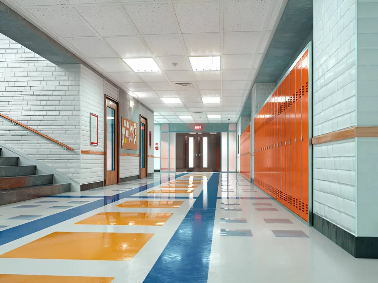 Modern school hallway with bright orange lockers and durable painted walls by a painting company in Lawton, MI
