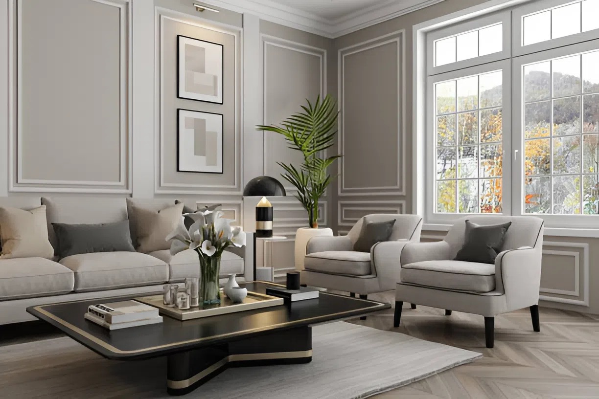 Neutral living room with gray walls and clean finishes by a painting company in Galesburg, MI
