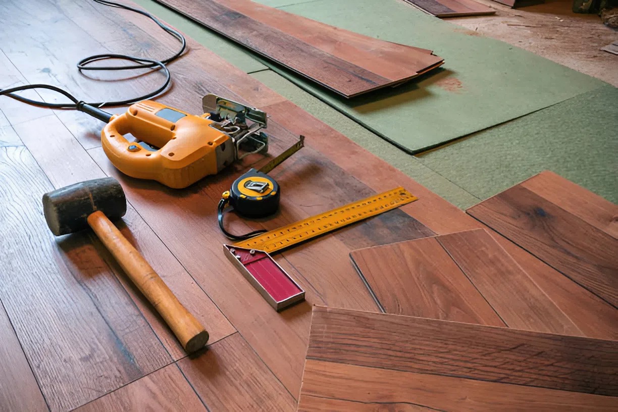Plank flooring installation prep work by a painting company in Galesburg, MI