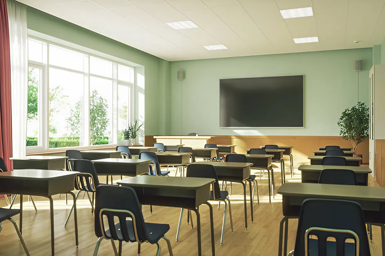 Classroom interior with soft sage green walls and neutral wood accents by a painter in Plainwell, MI