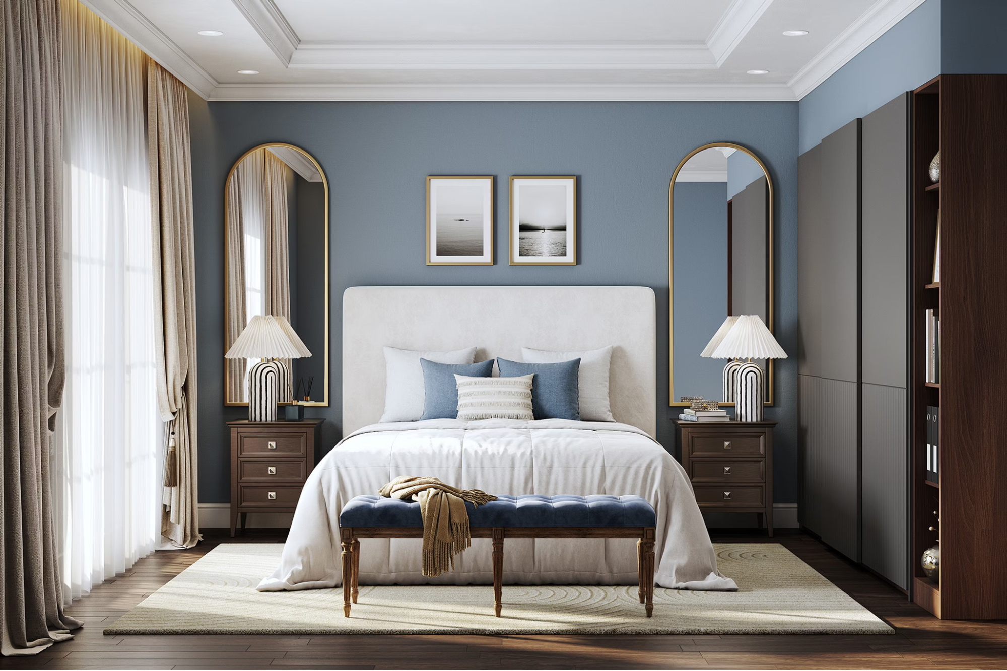 Bedroom with soft blue-gray painted walls with clean trim lines and smooth finish by an interior painter in Decatur, MI