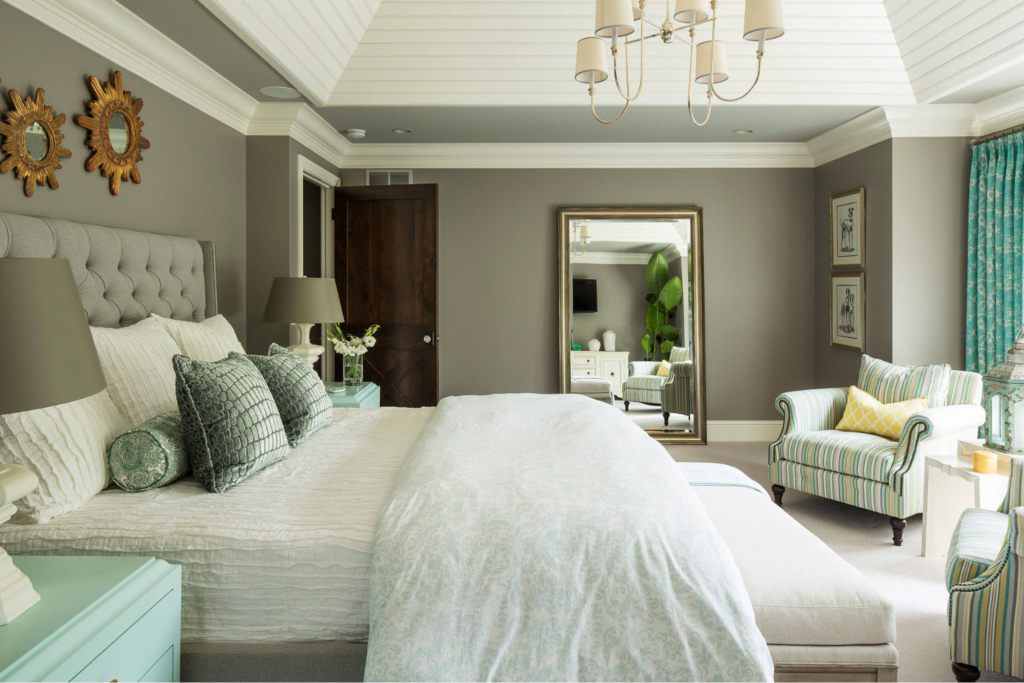 Bedroom with smooth taupe wall and crisp white trims by an interior painter in Decatur, MI