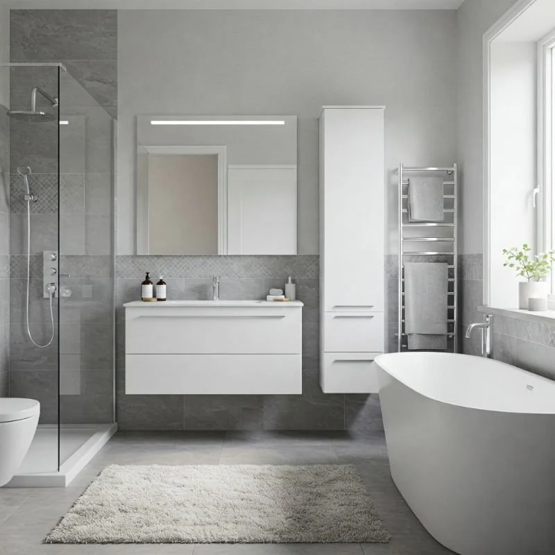 Modern gray and white bathroom with soft neutral wall colors by an interior painter in Mattawan, MI