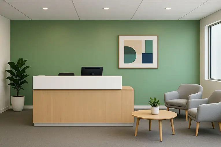 Reception area with soft green accent wall and clean finishes by a painting company in Portage, MI